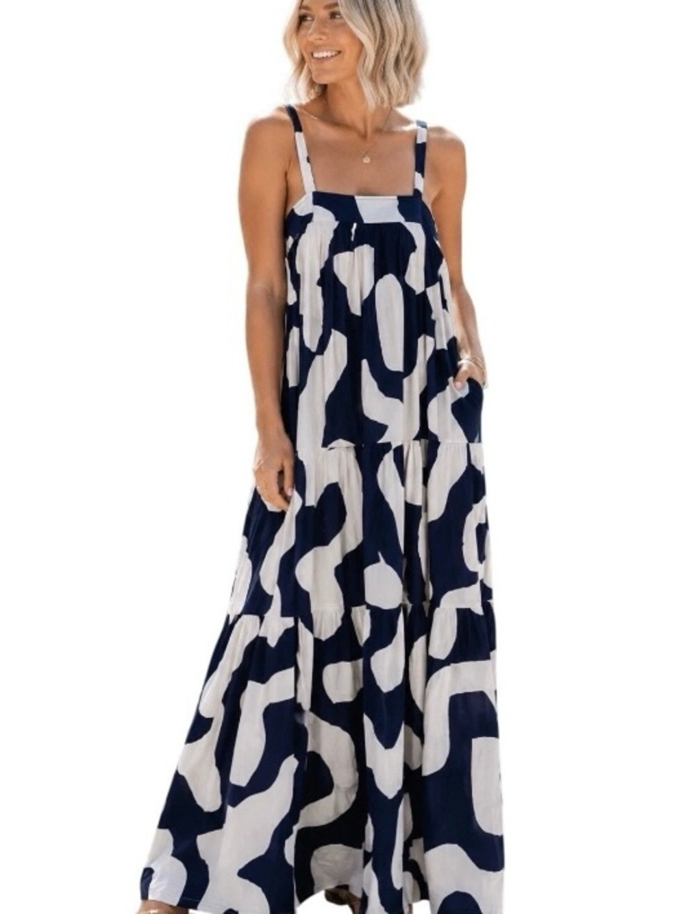 Abel The Label Maxi Dress L Navy White Abstract Tiered NWT Anthropologie Style - Picture 2 of 16